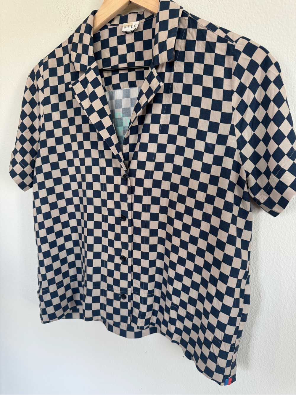 KULE Checkerboard Button Down Shirt Rayon Boxy Artsy Scandinavian Camp Collar S - Picture 4 of 11